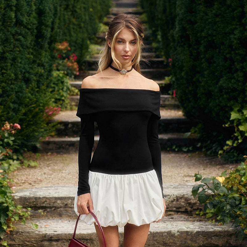 Off Shoulder Long Sleeve Bubble Mini Dress, Contrast Hem, black and white