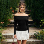 Off Shoulder Long Sleeve Bubble Mini Dress, Contrast Hem, black and white