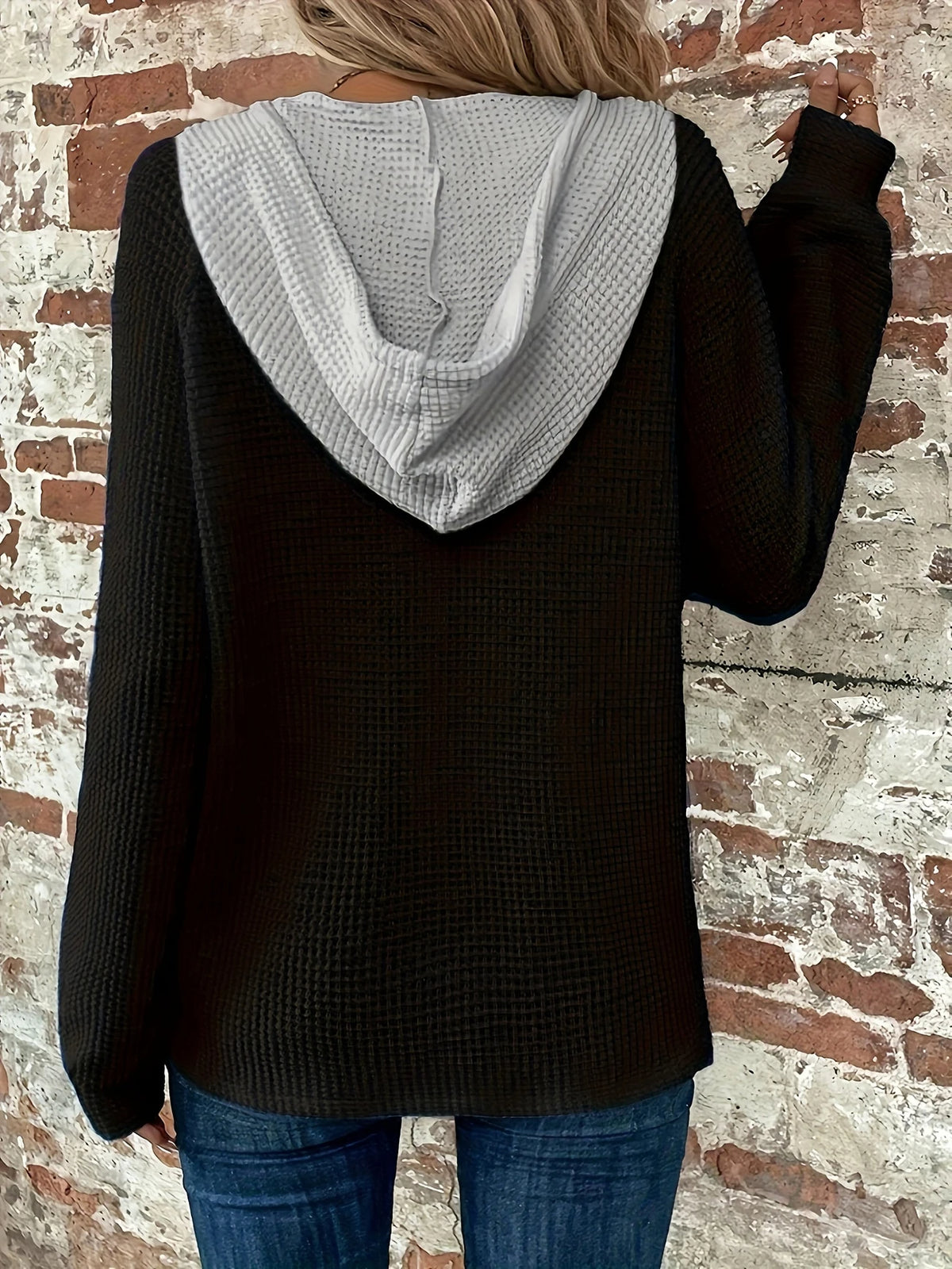 Waffle Knit Henley Hoodie in black, back