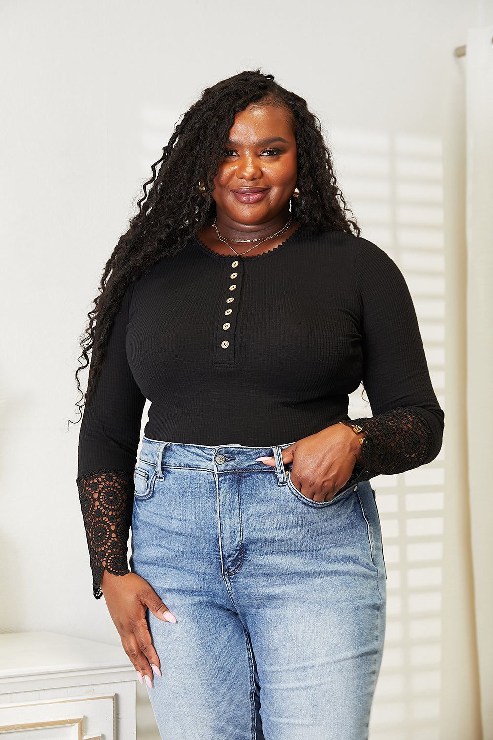 Lace Sleeve Henley Top in black on a second model, front view
