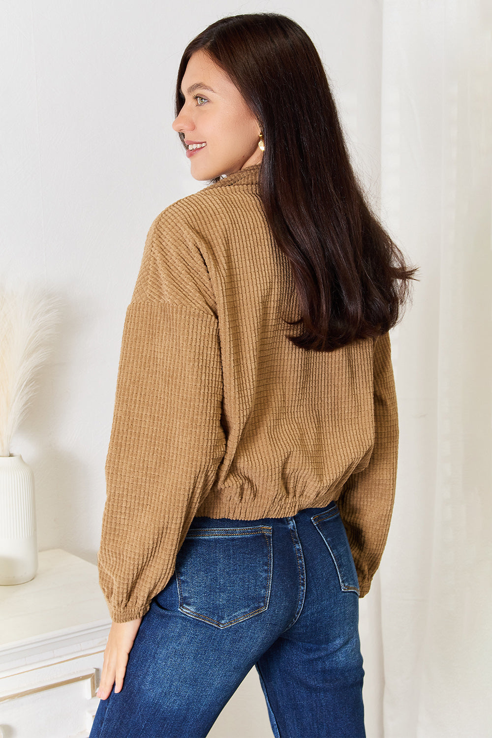 Camel dropped shoulder jacket, back and side view