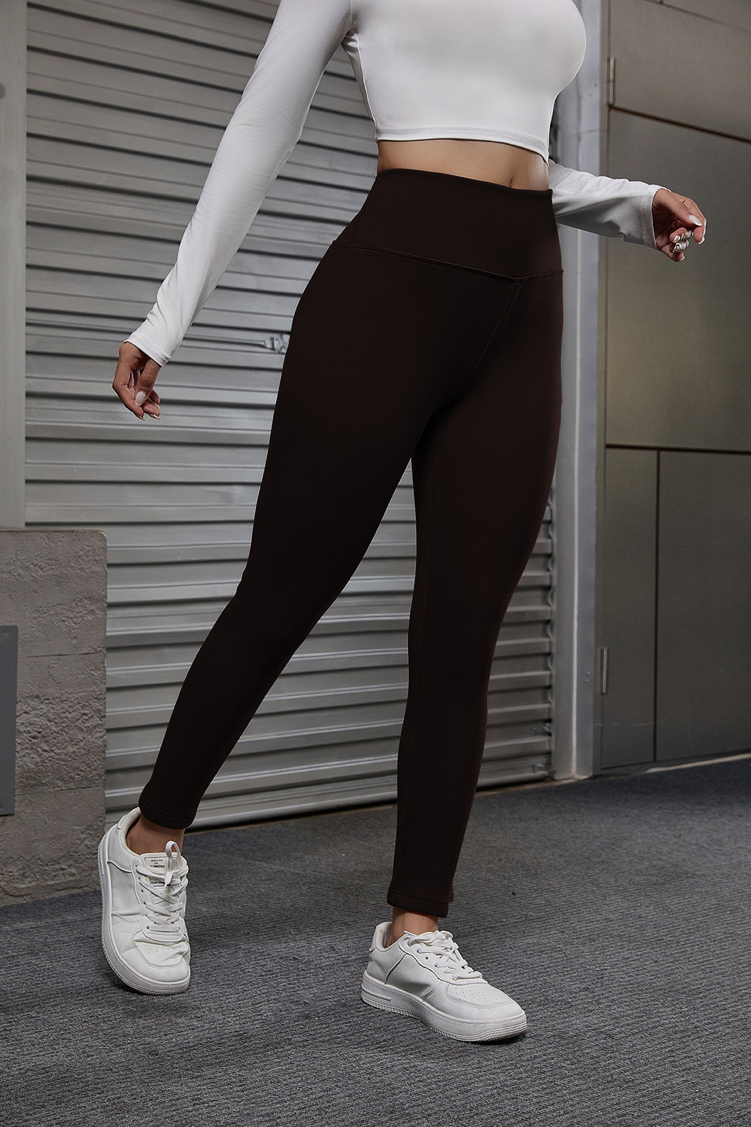 Coffee velvet lined leggings, side