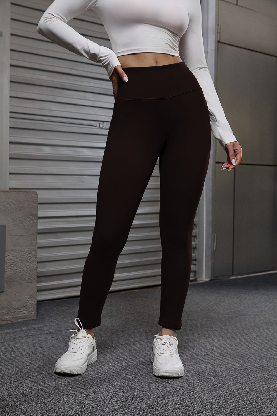 Coffee velvet lined leggings, back view