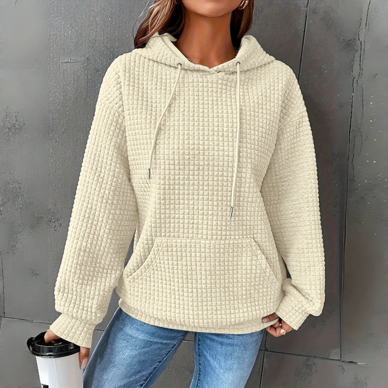 Cream waffle knit hoodie with drawstring hood and kangaroo pocket, front view
