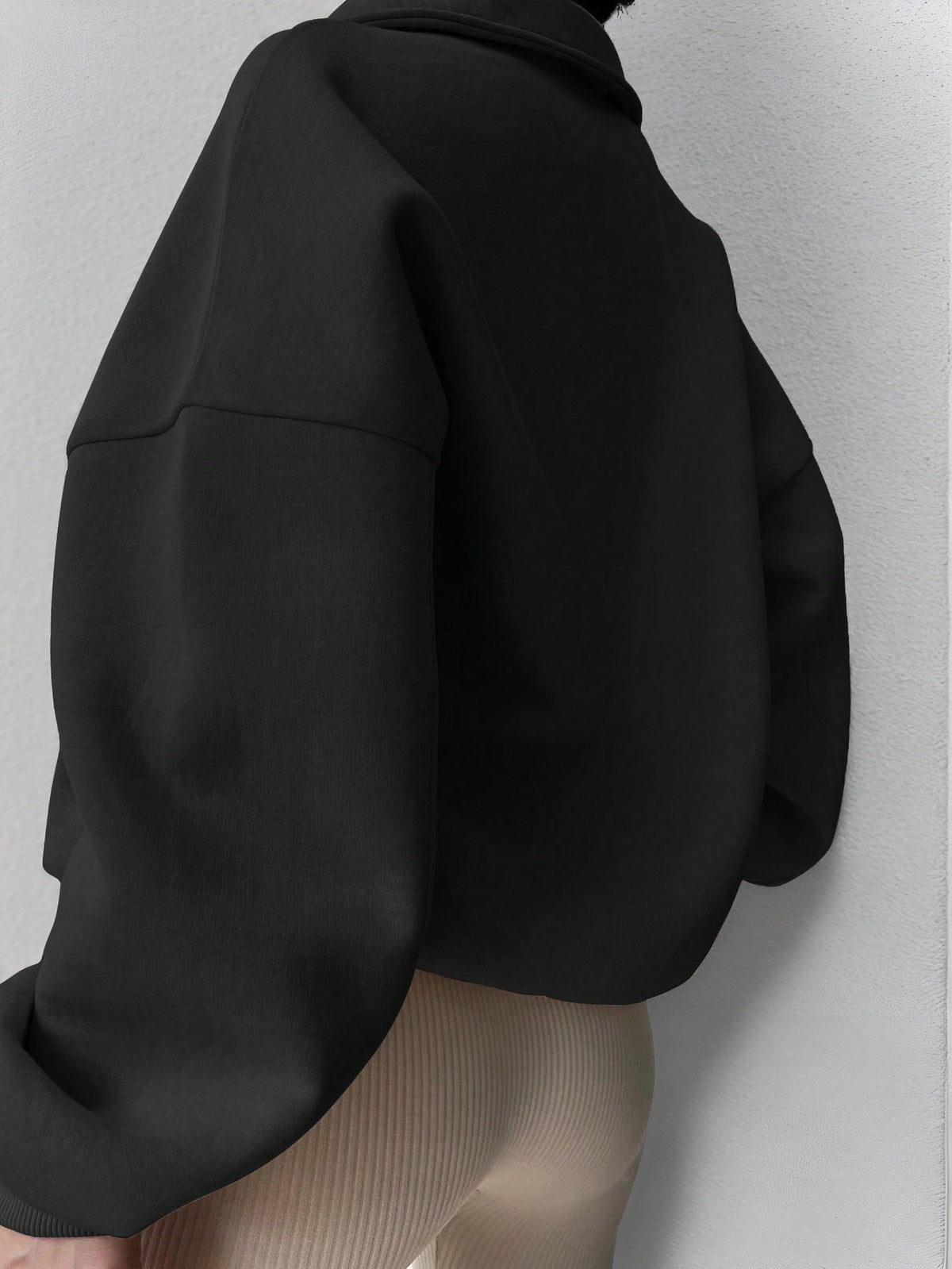 Oversized Half Zip Fleece Sweatshirt, Collared Drop Shoulder, black, side