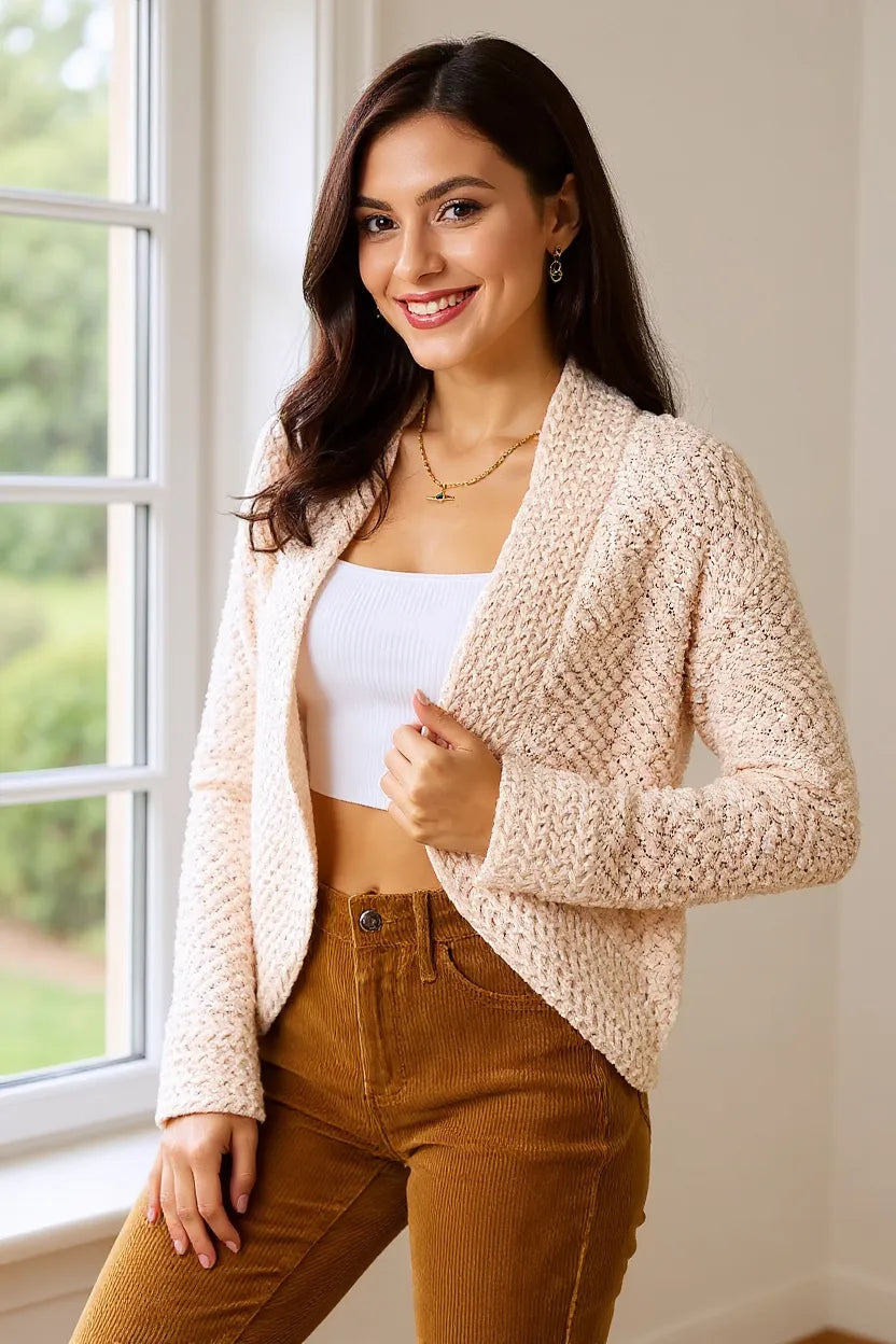 Cream Textured Knit Cardigan worn open over a white top