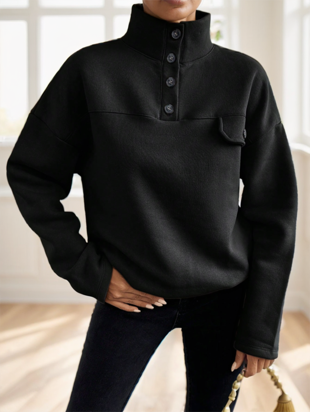 Black oversized snap collar pullover sweatshirt with jeans, front view