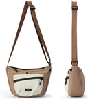 Nylon crescent crossbody bag in tan with a cream front pocket, front and side view