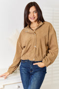 Camel dropped shoulder jacket worn buttoned with jeans, front view