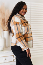 Plaid color block shirt jacket, side view