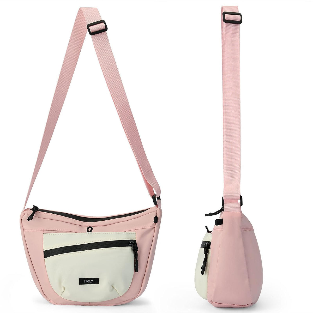 Nylon crescent crossbody bag in pink with a cream front pocket, front and side view