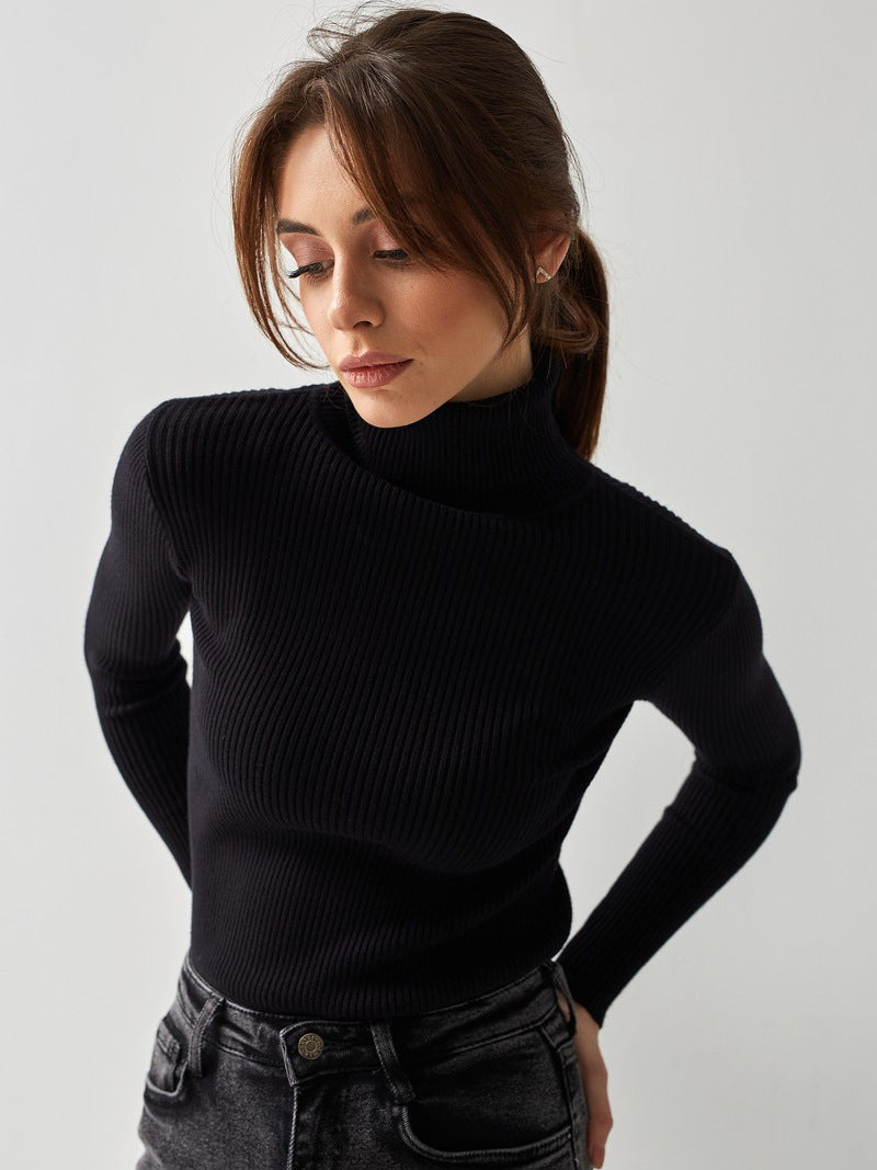 Fitted rib-knit turtleneck in black