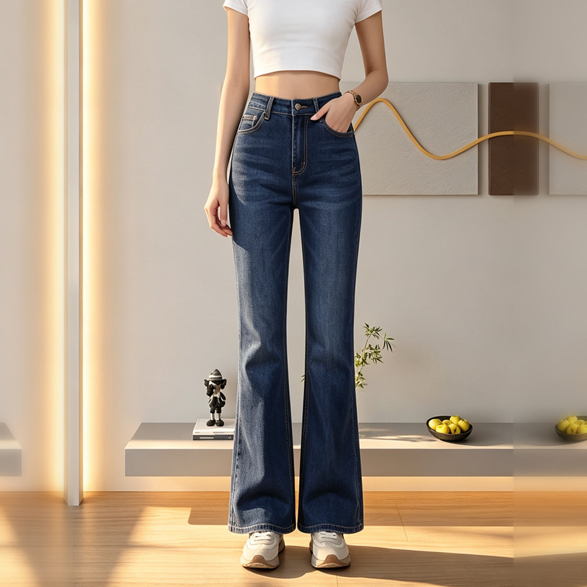 Dark indigo flare jeans, side view showing the flare from the knee