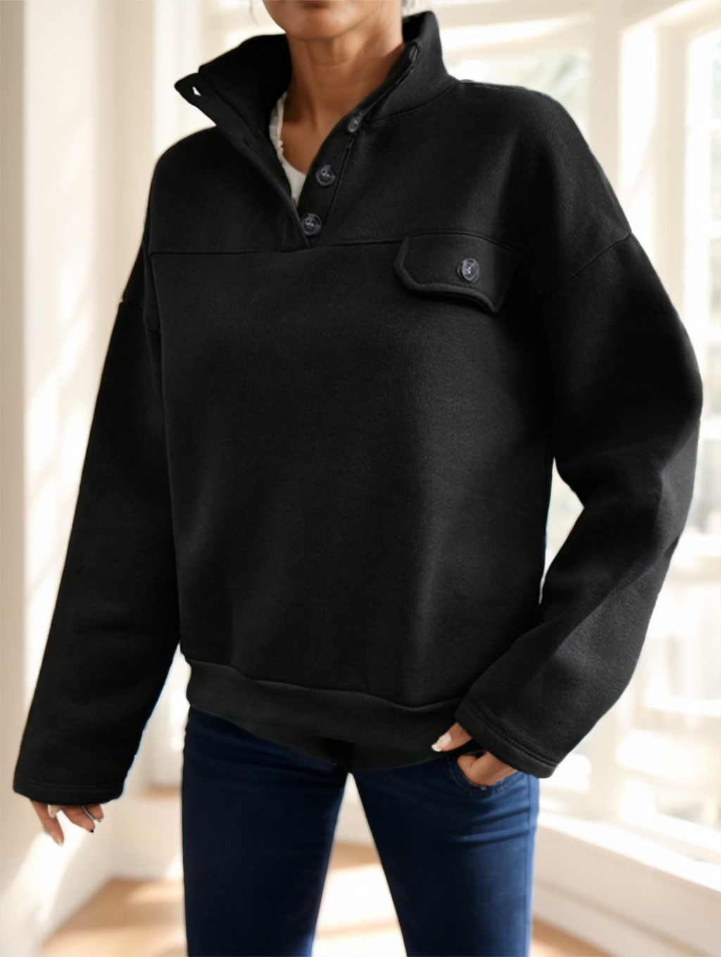 Black pullover sweatshirt with open snap collar and chest flap pocket