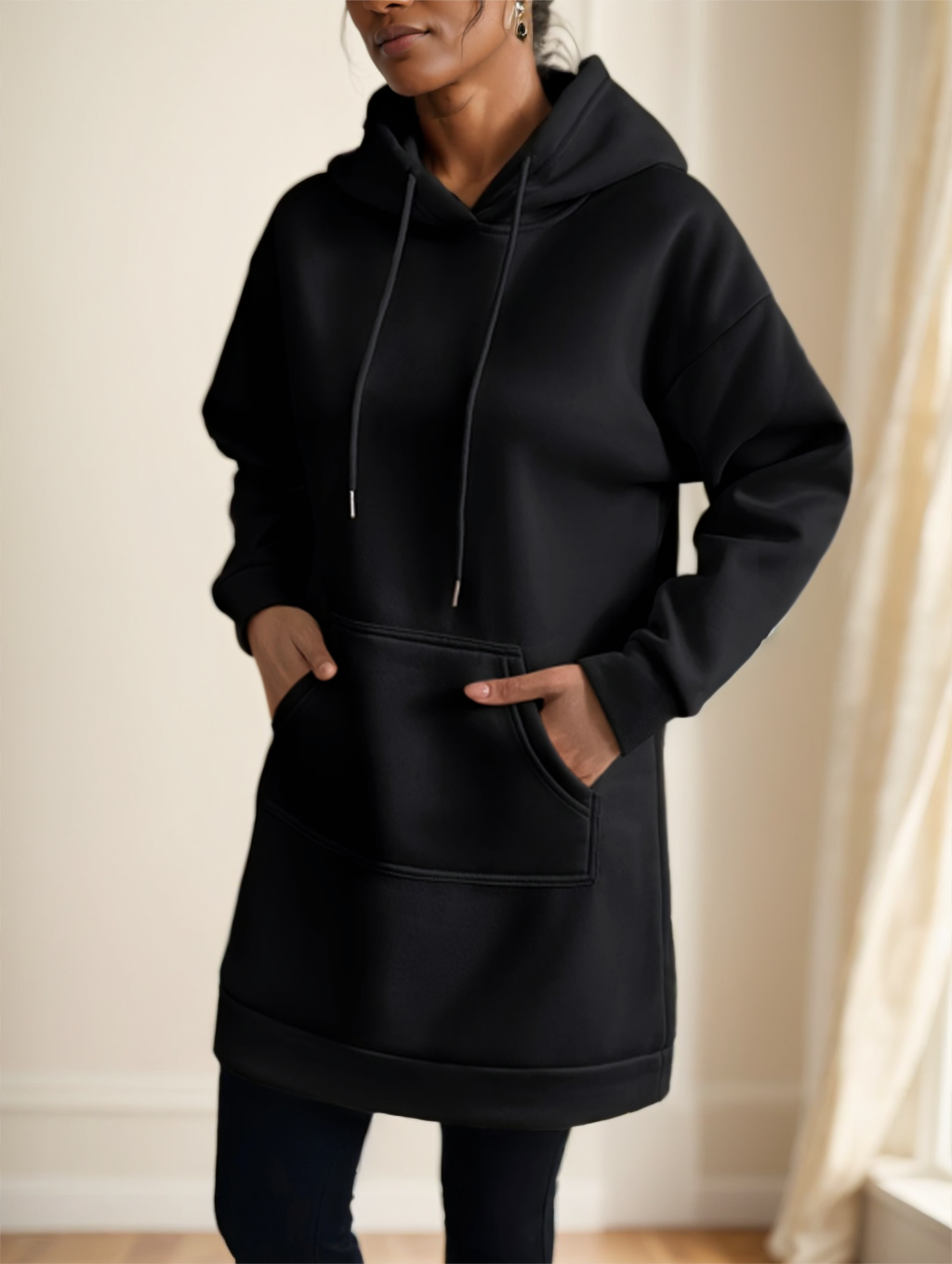Oversized hoodie dress in black, hands in pocket