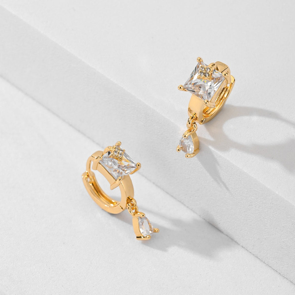 White zircon huggie drop earrings in gold tone