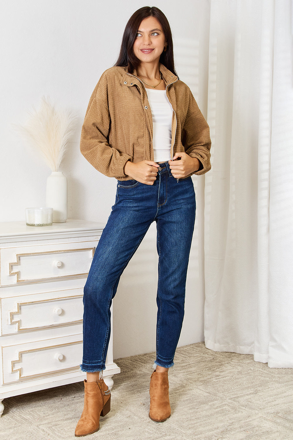 Camel jacket full length look with jeans and boots