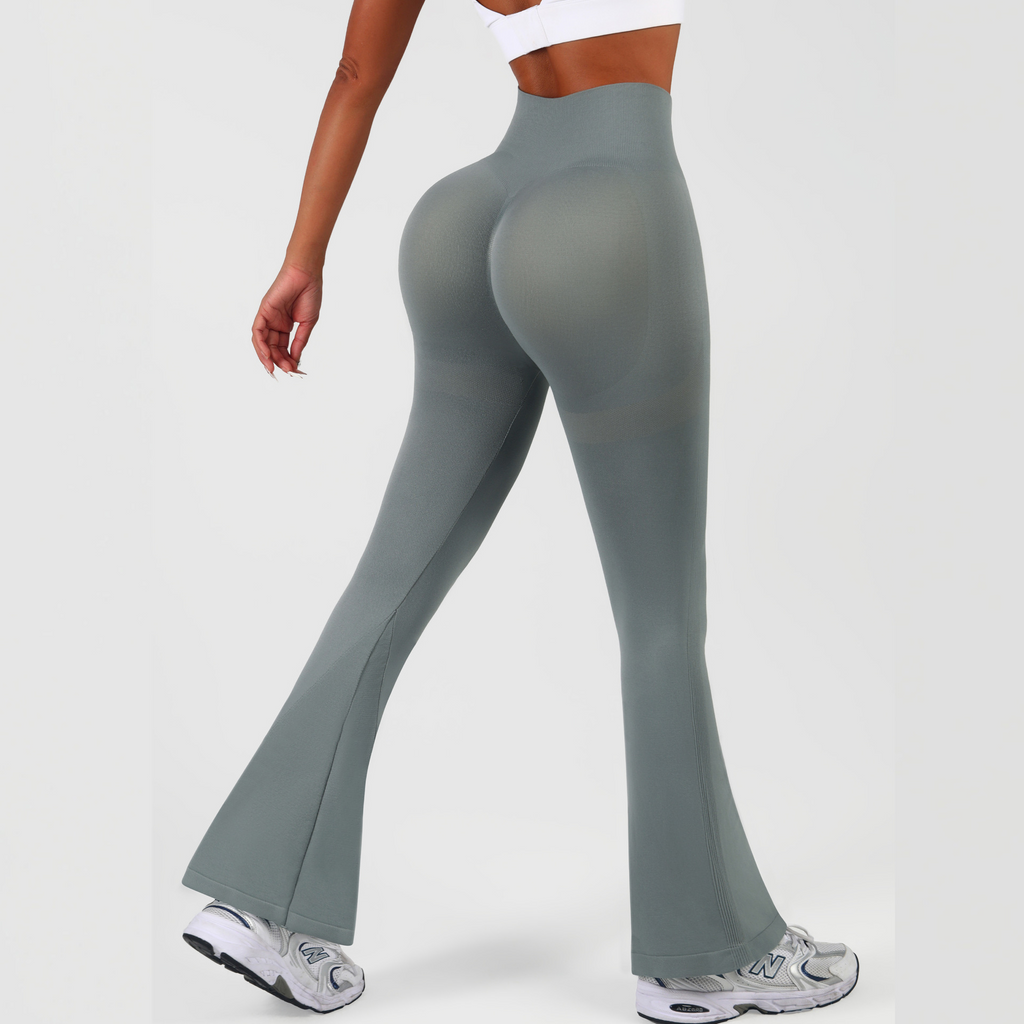 Gray flare leggings, side view