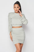 Dusty mint ruched crop top and mini skirt set, front view