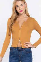 Ochre ribbed zip-front knit top, front view