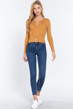 Ochre ribbed zip-front knit top, full length view
