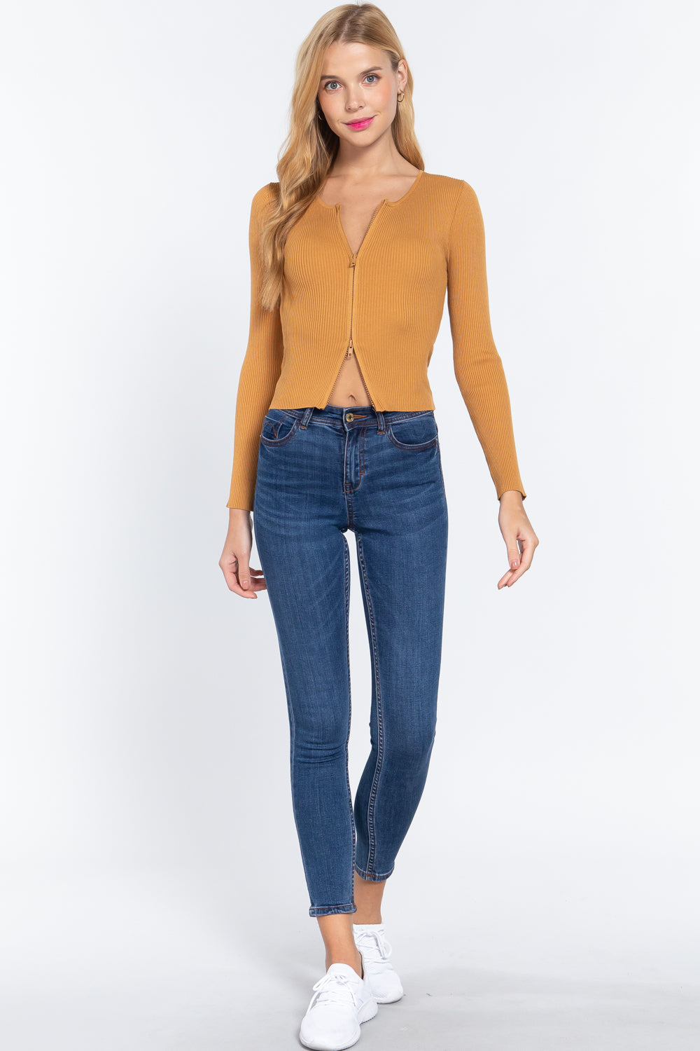 Ochre ribbed zip-front knit top, full length view