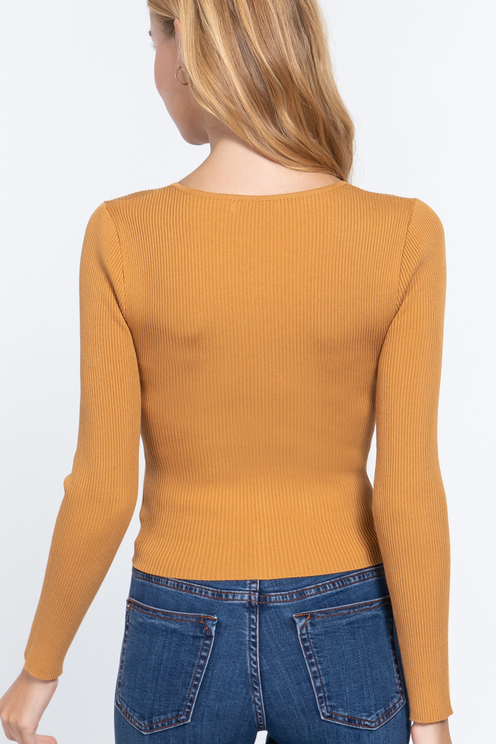 Ochre ribbed knit top, back view
