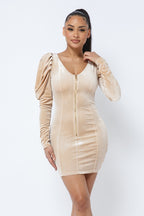 Beige velvet puff sleeve dress, three quarter view