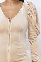 Beige velvet dress front zip and puff sleeve detail