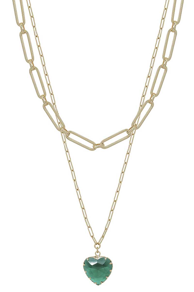 Layered Chain Necklace with Heart Pendant in Green