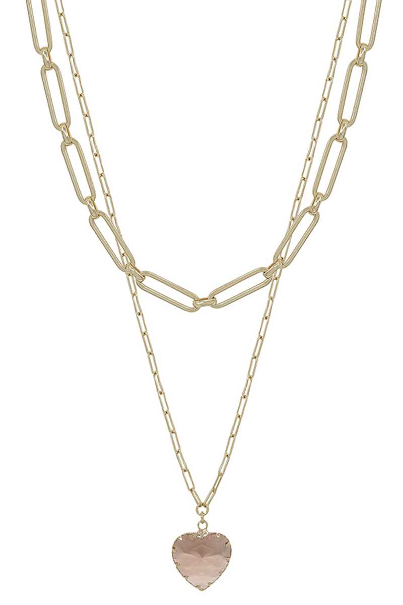 Layered Chain Necklace with Heart Pendant in Pink
