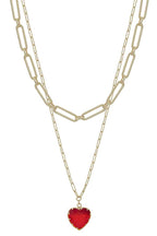 Layered Chain Necklace with Heart Pendant in Red