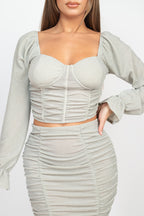 Silver sparkle ruched top, close view