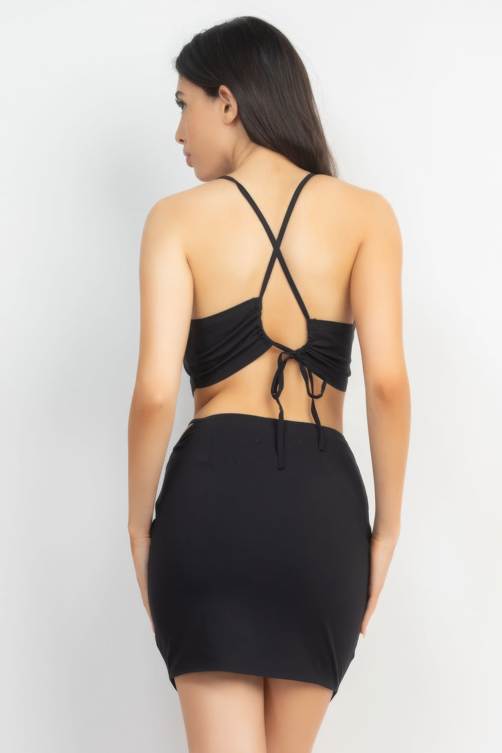 Black crop top with crossed tie back, back view