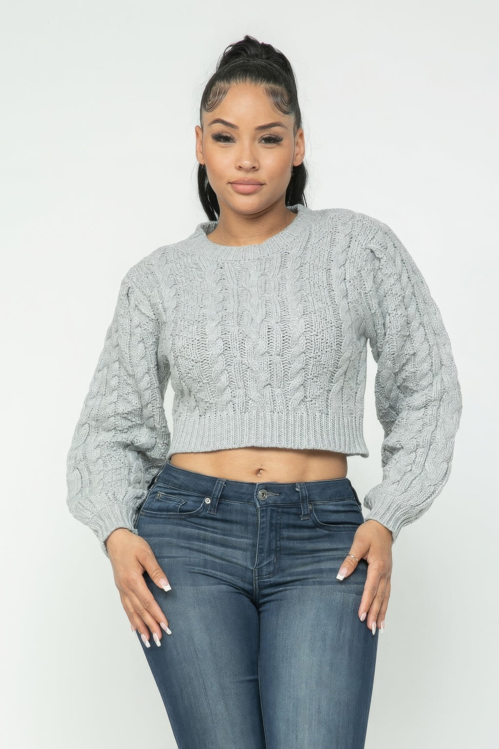 Heather gray cable knit cropped pullover, front view