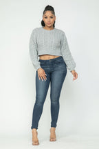 Heather gray cable knit cropped pullover with jeans, full view