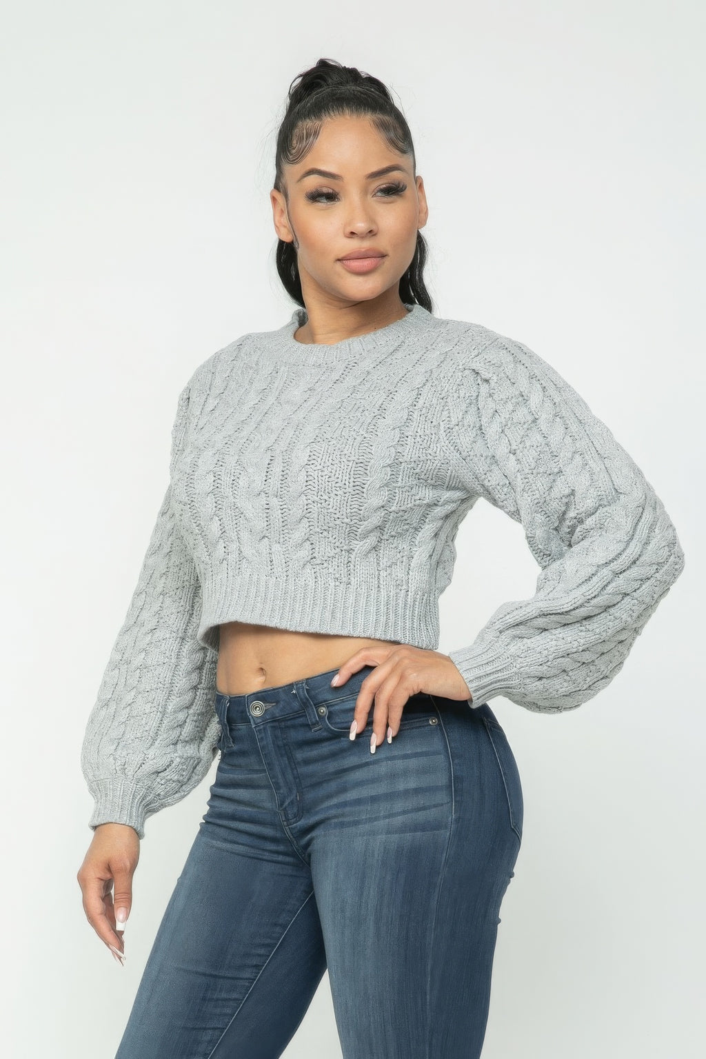 Heather gray cable knit cropped pullover, front view, photo 3