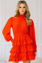 Orange-red smocked tiered mini dress, front view