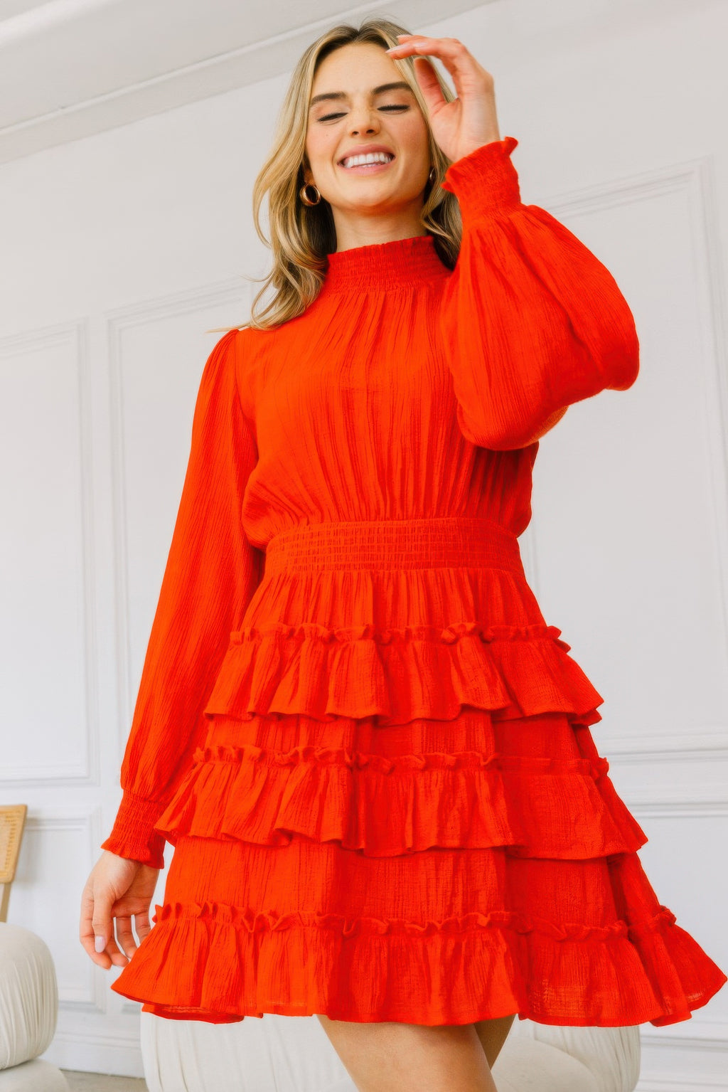 Orange-red smocked tiered mini dress, front view, photo 3