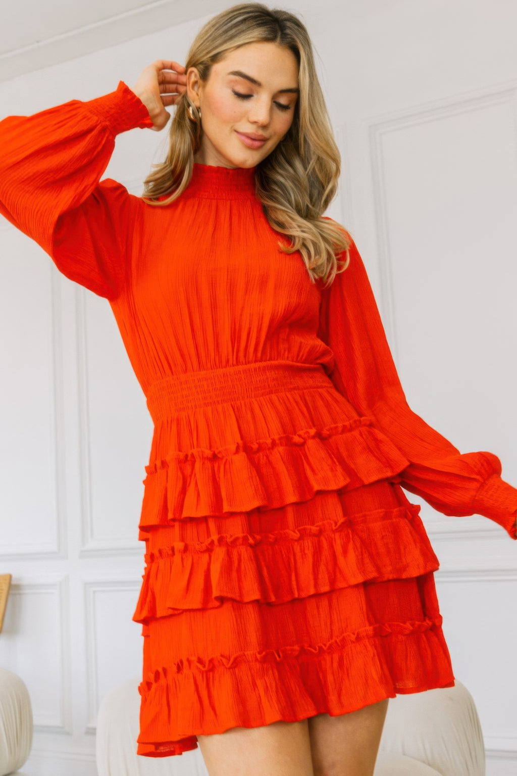 Orange-red smocked tiered mini dress, front view, photo 5