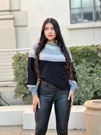 Black color block knit pullover with blue-gray yoke, front view
