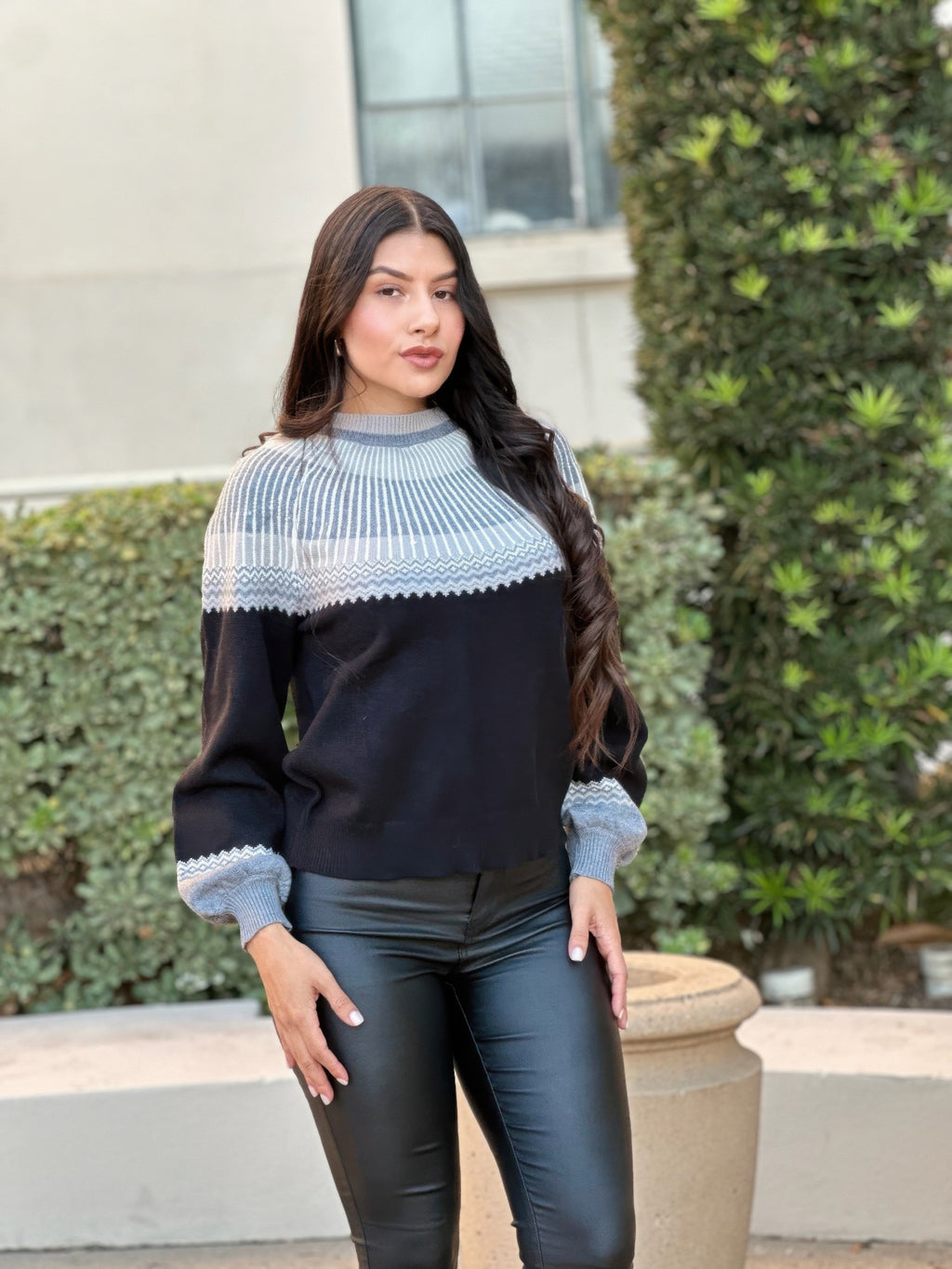 Color block knit pullover, cuff detail