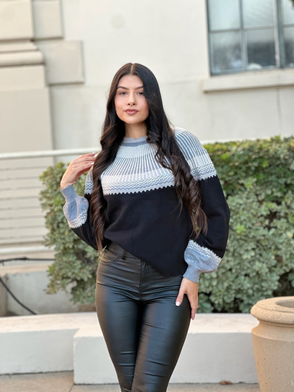 Color block knit pullover, three-quarter view