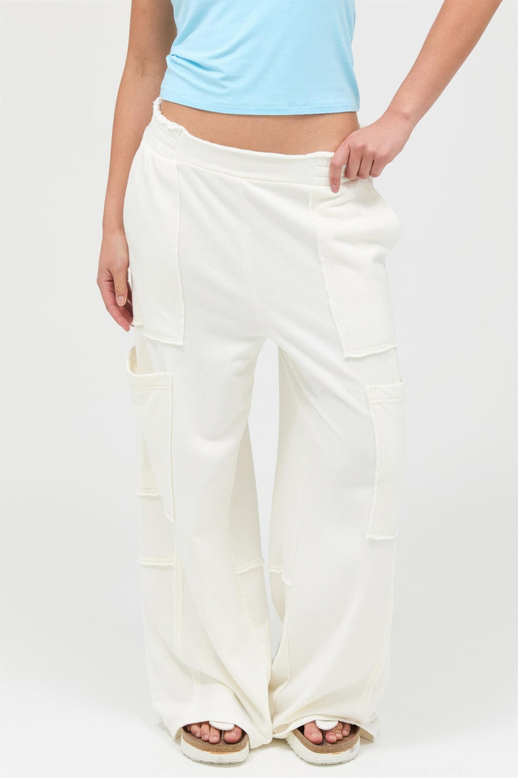 Cream mineral wash wide-leg cargo pants, front view