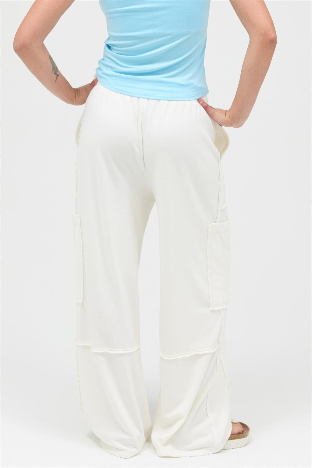 Cream mineral wash wide-leg cargo pants, back view