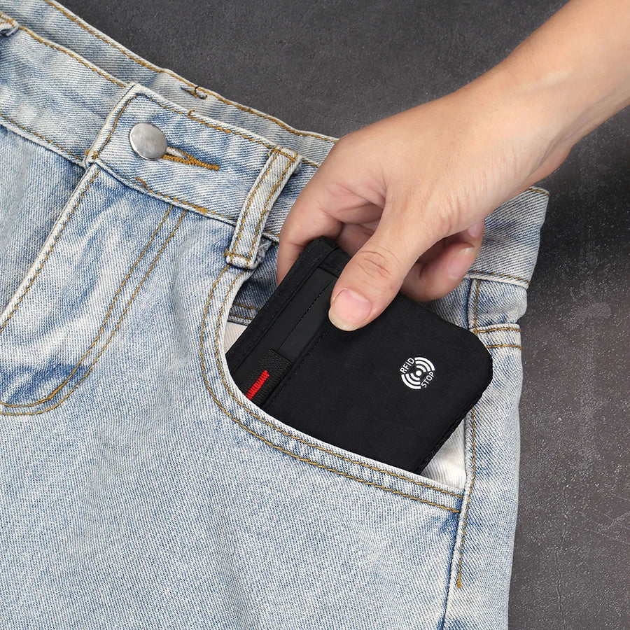 RFID Zip Card Holder in a jeans front pocket