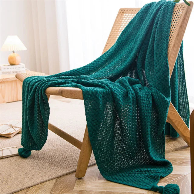 Waffle-Knit Throw Blanket with Tassels | Embossed Chunky Texture