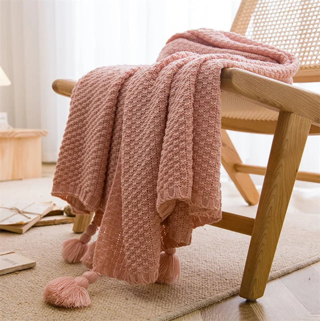 Waffle-Knit Throw Blanket with Tassels | Embossed Chunky Texture