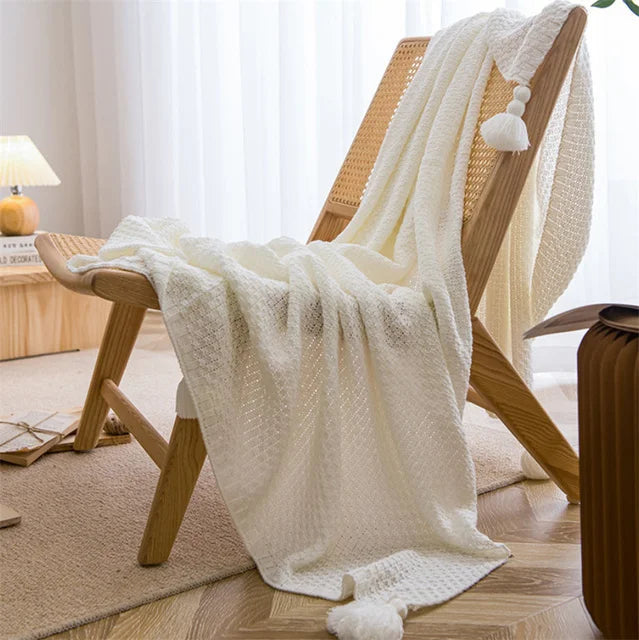 Waffle-Knit Throw Blanket with Tassels | Embossed Chunky Texture