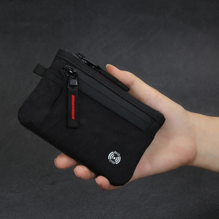 RFID Zip Card Holder, black nylon with red zip pull